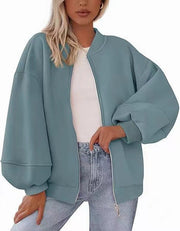 Damen Oversize Bomberjacke mit Ballonärmeln und durchgehendem Reißverschluss Nord Taschen – Graublau