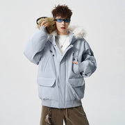 Herren Wattierter Oversize-Parka mit Kunstfellkapuze und Utility-Taschen Nord Taschen – Mondblau