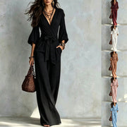 Damen Jumpsuit Wickel-Optik mit weitem Bein, Taillengürtel und Glockenärmeln Nord Taschen – Gewicht S: 435 g – XXL: 475 g