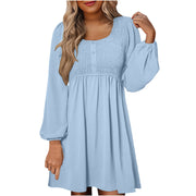 Rosa | Damen Minikleid Smok-Oberteil Eckiger Ausschnitt Langarm – Hellblau