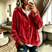 Damen Oversize Kapuzen-Samtjacke mit Knopfleiste und aufgesetzten Taschen Nord Taschen – Rot