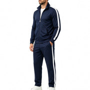 Herren Jogginganzug-Set aus French-Terry mit Stehkragen, Seitenstreifen und Reißverschlussjacke Nord Taschen – Navyblau