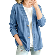 Damen Oversize Jeansjacke im Kimono-Stil mit Holzknöpfen Nord Taschen – Mittelblau