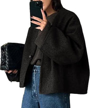Damen Kurz geschnittene Oversize Wolljacke mit kastigem Schnitt und Ein-Knopf-Verschluss Nord Taschen – Schwarz