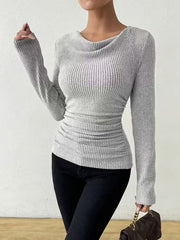 Damen Gerippter Taillierter Feinstrickpullover mit Raffung Nord Taschen – Hellgrau