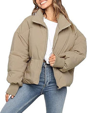 Damen Gesteppte Kurzjacke mit Stehkragen, wattierter Füllung und elastischen Bündchen Nord Taschen – Dunkelkhaki