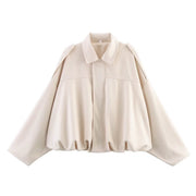 Damen Oversize Cropped Veloursblouson mit Tunnelzug-Bund und Schulterpatten Nord Taschen – Weiß
