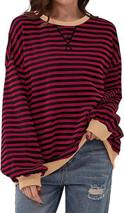 Damen Gestreifter Oversize Pullover mit Kontrastbündchen Nord Taschen – Weinrot【Tagesversand】