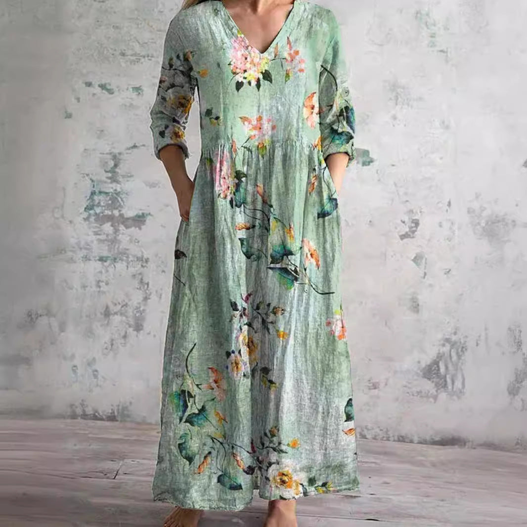 Damen-Maxikleid aus Leinen mit Blumenmuster und V-Ausschnitt