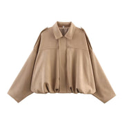 Damen Oversize Cropped Veloursblouson mit Tunnelzug-Bund und Schulterpatten Nord Taschen – Khaki