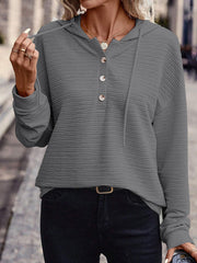Damen Texturierter Kapuzenpullover mit Knopfleiste und Oversize-Schnitt Nord Taschen – Dunkelgrau