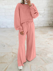Damen Kurzpullover- und Palazzohose Lounge-Set mit Ballonärmeln Nord Taschen – Rosa