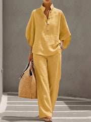 Damen Leichtes Leinen-Loungewear-Set mit Stehkragen Knopfleiste und weitem Marlene-Schnitt Nord Taschen – Ockergelb