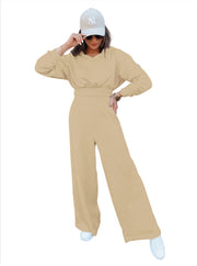 Damen Loungewear-Set mit Cropped V‑Ausschnitt-Pullover und hochtaillierter Palazzohose Nord Taschen – Apricot - Sofortversand