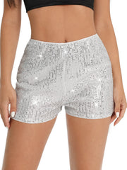 Damen Hochgeschnittene Pailletten Shorts – Glänzender Party Glam Fit – Weiß