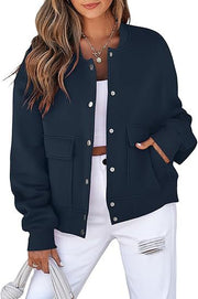 Damen Oversized Bomberjacke aus French Terry mit Druckknopf und aufgesetzten Taschen Nord Taschen – Navyblau