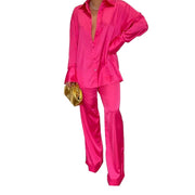 Damen Satin-Hemd und Palazzo-Hose Lounge-Set Nord Taschen – Fuchsia
