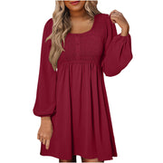 Rosa | Damen Minikleid Smok-Oberteil Eckiger Ausschnitt Langarm – Dunkelrosa