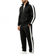 Herren Jogginganzug-Set aus French-Terry mit Stehkragen, Seitenstreifen und Reißverschlussjacke Nord Taschen – Schwarz