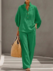Damen Leichtes Leinen-Loungewear-Set mit Stehkragen Knopfleiste und weitem Marlene-Schnitt Nord Taschen – Grün