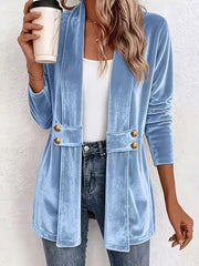 Damen Samt-Longblazer mit Schalkragen und Zierknopfleiste Nord Taschen – Himmelblau