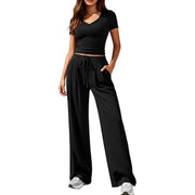 Damen Lässiges Lounge-Set mit tailliertem V-Ausschnitt bauchfreiem Top und weitem Kordelbund-Hose Nord Taschen – Schwarz