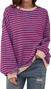 Damen Gestreifter Oversize Pullover mit Kontrastbündchen Nord Taschen – Violett - Sofortversand