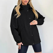 Damen Wasserabweisender Kurzparka mit Kapuze, Tunnelzug und Druckknopf-Leiste Nord Taschen – Schwarz