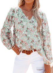 Damen Bluse mit floralen Mustern und V-Ausschnitt – Grün