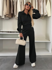 Damen Zweiteiliges Lounge-Set mit Polokragen und taillenhoher Palazzohose Nord Taschen – Schwarz - 24‑Std.-Versand