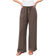Damen Leinenoptik-Hose mit weitem Bein, Gummizug-Taille, Tunnelzug und Knopfdetail Nord Taschen – Kaffeebraun