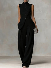 Damen Ärmelloser Leinen-Jumpsuit mit Stehkragen und weitem Bein Nord Taschen – Schwarz