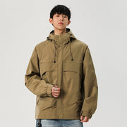 Herren Technische Kapuzen-Softshelljacke mit hohem Kragen und verstellbarem Saum Nord Taschen – Khakigrün