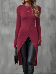 Damen Asymmetrische Langarm-Tunika mit Wickel-Saum Nord Taschen – Weinrot