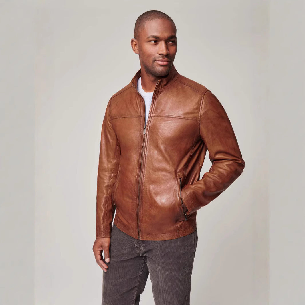 Herren hochwertige Lederjacke im modernen Biker-Stil mit praktischem Stehkragen Aliams