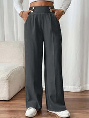 Damen Hochtaillierte weite Marlene-Hose mit Zierknopf-Bund und Bügelfalte Nord Taschen – Dunkelgrau