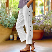 Damen Leichte Relaxed-Hose mit seitlicher Knopfleiste und Eingrifftaschen Nord Taschen – Weiß