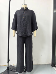 Damen Leichtes Leinen-Loungewear-Set mit Stehkragen Knopfleiste und weitem Marlene-Schnitt Nord Taschen – Produktfoto — 9 Farben, große Menge vorrätig