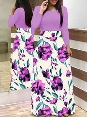 Damen Zweiteilig wirkendes Maxikleid mit figurbetontem Jersey-Oberteil und weitem Blumenrock Nord Taschen – Uni Violett Langarm 8899A