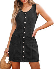 Damen Ärmelloses Jeans-Minikleid mit durchgehender Knopfleiste und aufgesetzten Taschen Nord Taschen – Schwarzgrau