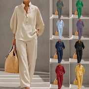 Damen Leichtes Leinen-Loungewear-Set mit Stehkragen Knopfleiste und weitem Marlene-Schnitt Nord Taschen – Gewicht: S:374g-5XL:520g