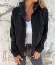Damen Cord-Zipjacke mit Kapuze, Rippstruktur und Eingrifftaschen Nord Taschen – Schwarz