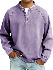 Herren Langarm-Henley Sweatshirt mit Stehkragen und Vintage-Denim-Effekt Nord Taschen – Violett