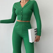 Damen Enganliegendes Crop Top Und High Waist Hosen Set – Zweiteiler Mit Knöpfen – Grün