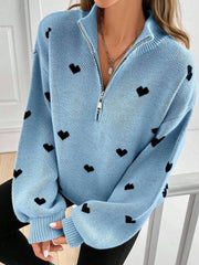 Damen Oversize Strickpullover mit Half-Zip und Herzmotiv Nord Taschen – Himmelblau
