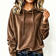 Damen Kuscheliger Samt-Kapuzenpullover im Oversize-Schnitt Nord Taschen – Kaffeebraun