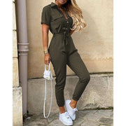 Damen Kurzarm-Utility-Overall mit Taillenbindegürtel und schmalem Joggerbein Nord Taschen – Armeegrün