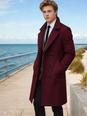 Herren Doppelreihiger Wollmantel mit breitem Revers und taillierter Silhouette Nord Taschen – Weinrot