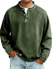 Herren Langarm-Henley Sweatshirt mit Stehkragen und Vintage-Denim-Effekt Nord Taschen – Olivgrün