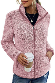 Damen kuschelige Teddy-Fleecejacke mit Stehkragen und Reißverschluss Nord Taschen – Rosa